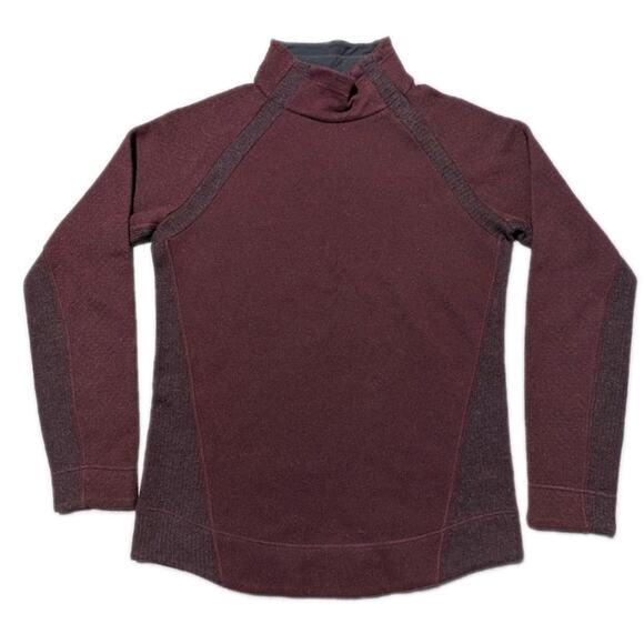 prAna Women’s Wool Blend Snap Neck Pullover Sweater L Burgundy Raglan Panels - Picture 2 of 11
